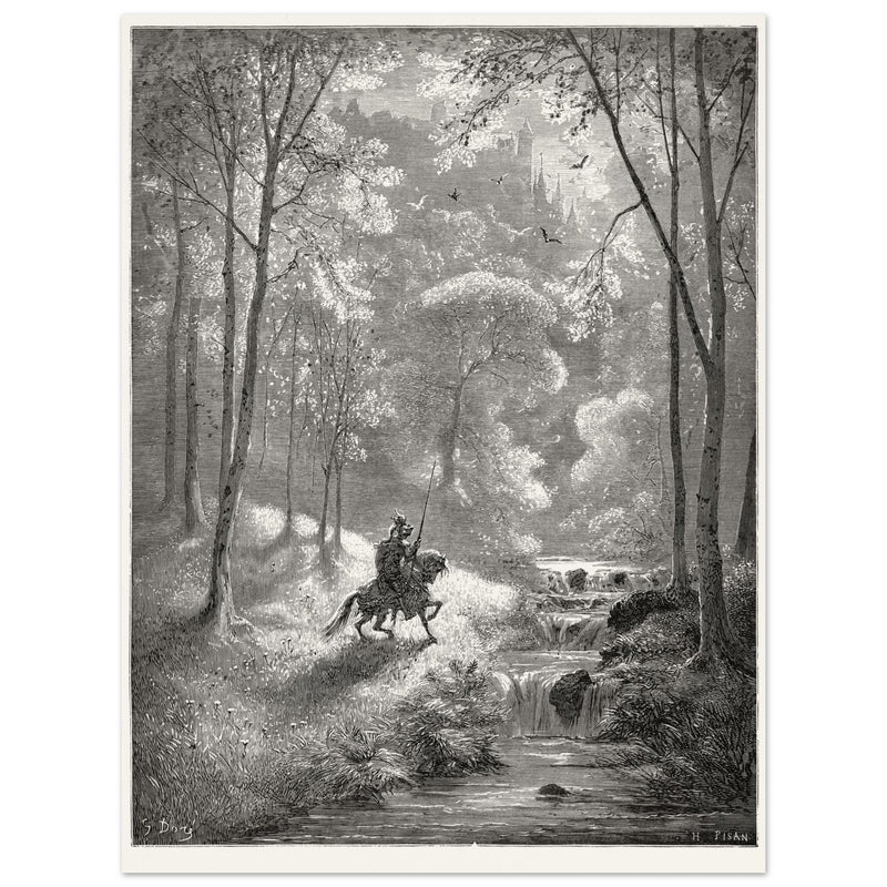 Gustave Dore depiction of knight Don Quixote riding in the countryside in one of his adventures.