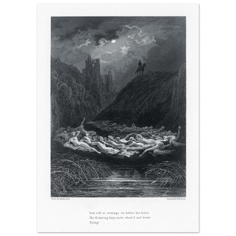 Gustave Dore illustration of King Arthur legend . The Fairy Circle. From the book Idylls of the King by Alfred Tennyson.