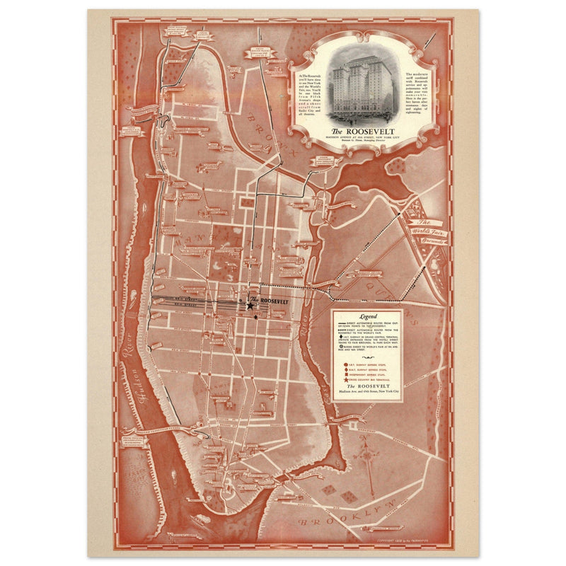 1938 New York City map. Created as an advertisement for the Roosevelt Hotel it includes major streets of Manhattan