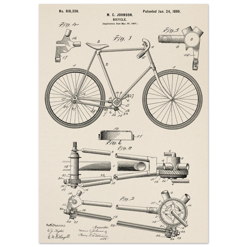 Vintage bicycle patent 1899 by M. C Johnson.