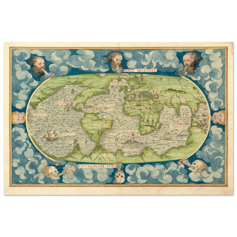 Ancient vintage old map of the world poster reproduction by Guillaume Le Testu 1555