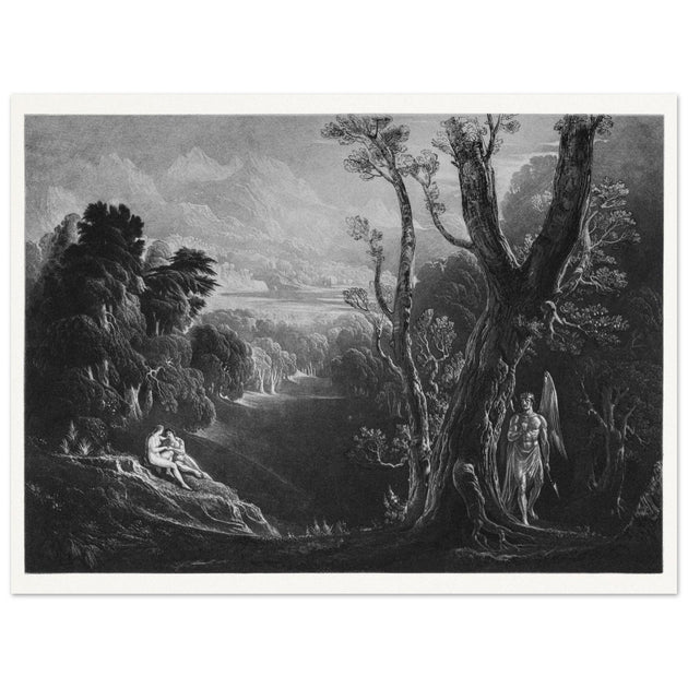 John Martin mezzotint engraving . Satan Contemplating Adam and Eve in Paradise. Paradise Lost by Milton.