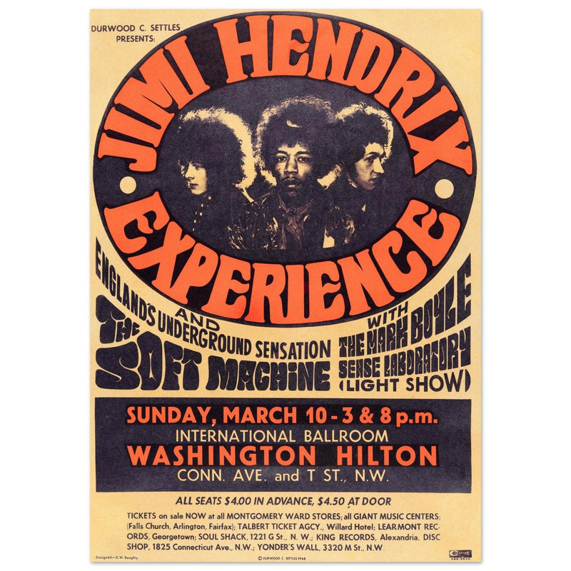 Jimi Hendrix experience vintage music poster . Washington Hilton performance in 1968.
