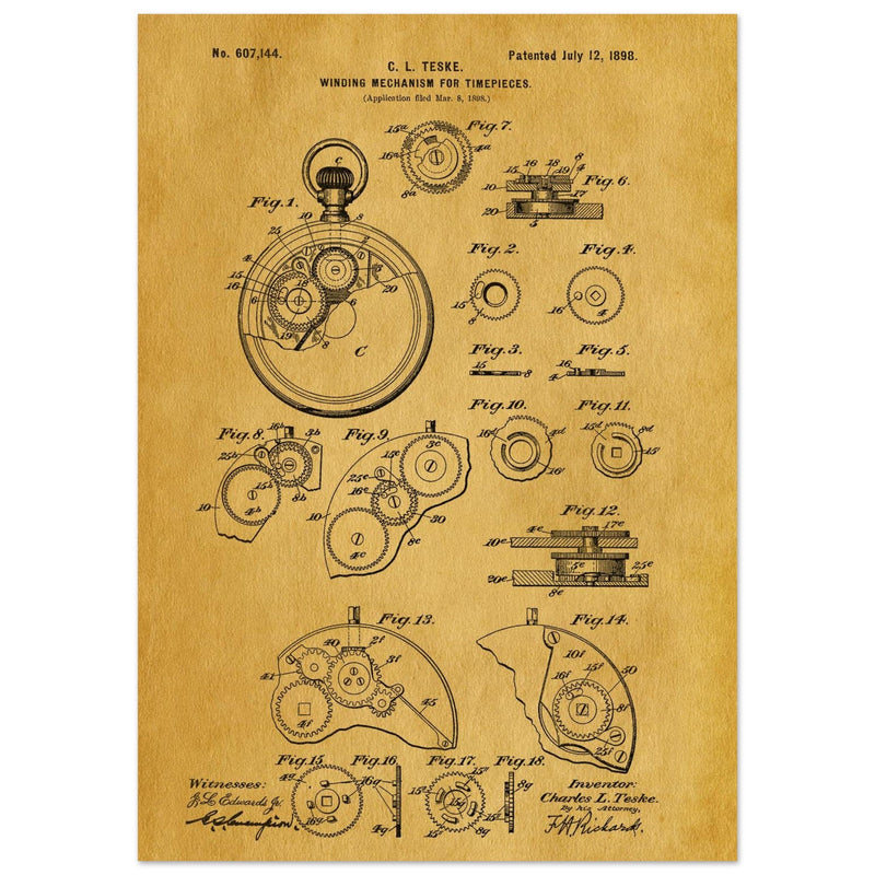 Winding Mechanism for Time Pieces, vintage clock patent .