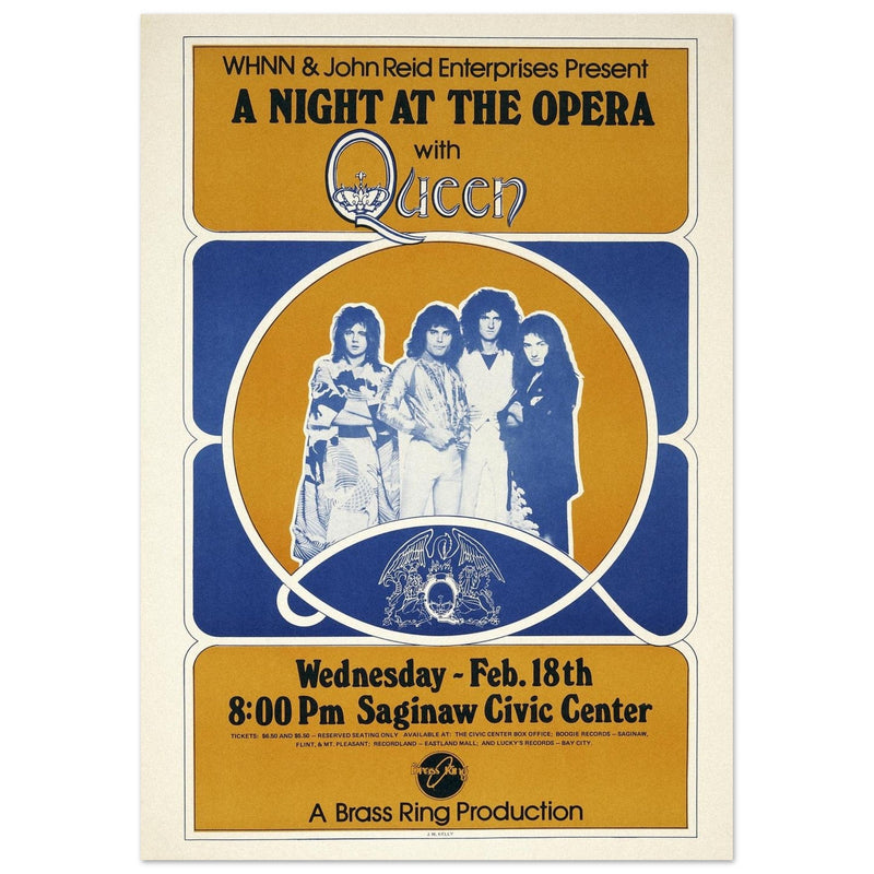 Queen a Night at the Opera concert poster. Performance at the Saginaw Civic Center in 1976.