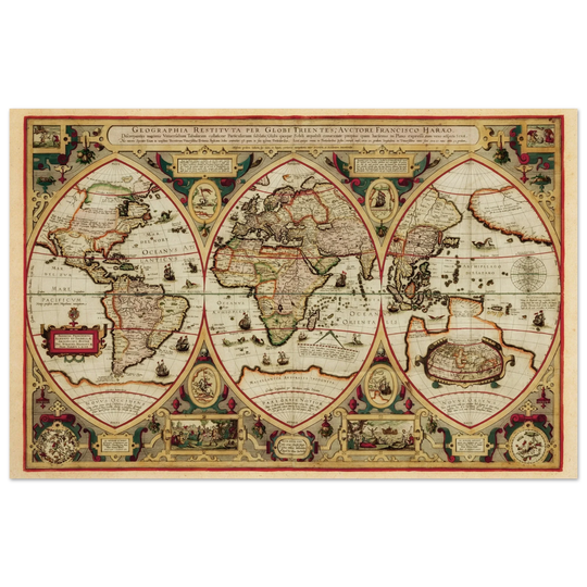 Ancient old world map of 1618. Geographica restituta per globi trientes by Franciscus Haraeus