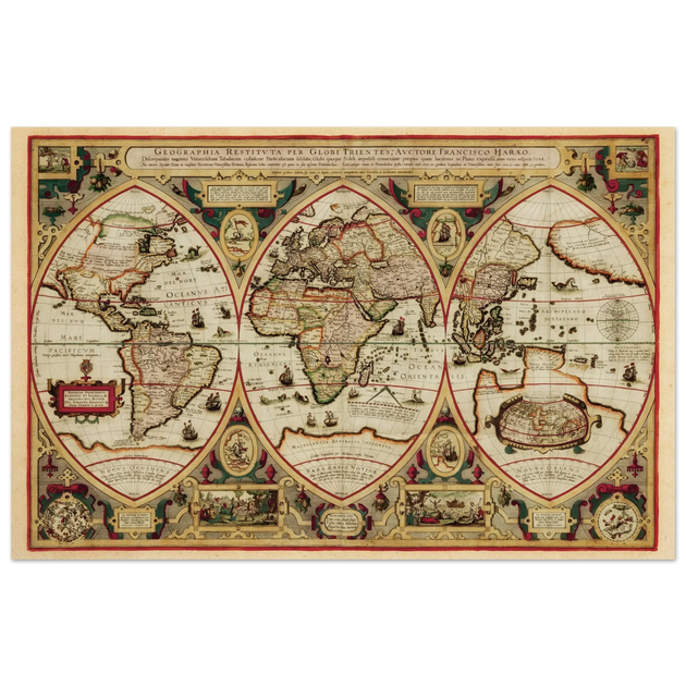 Ancient old world map of 1618. Geographica restituta per globi trientes by Franciscus Haraeus