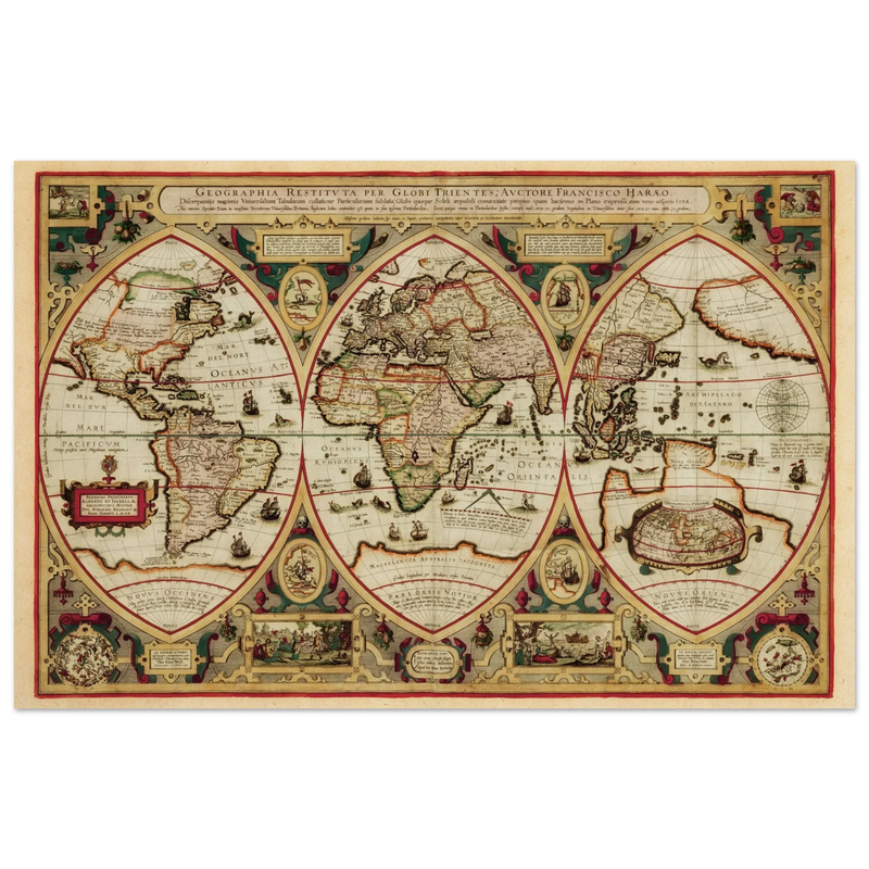 Ancient old world map of 1618. Geographica restituta per globi trientes by Franciscus Haraeus