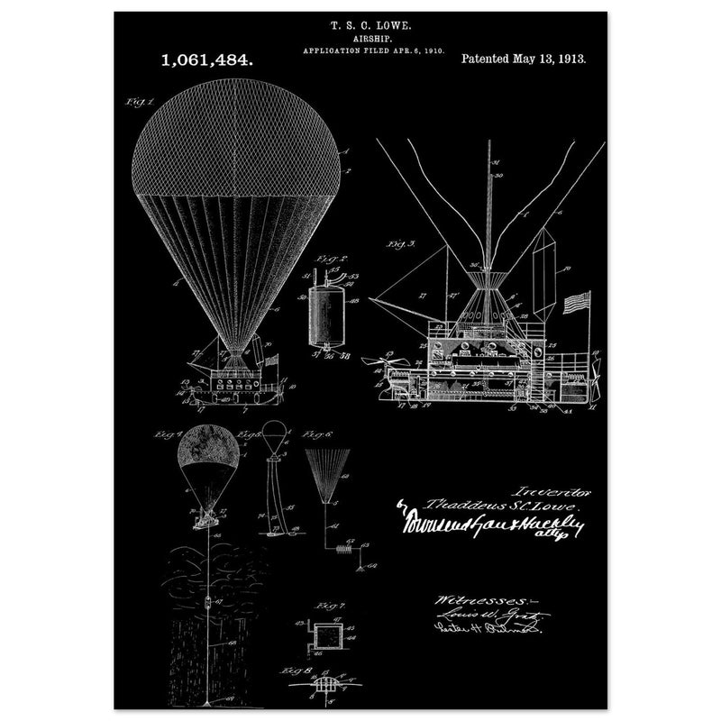 Airship patent illustration by T S C Lowe. Air Balloon