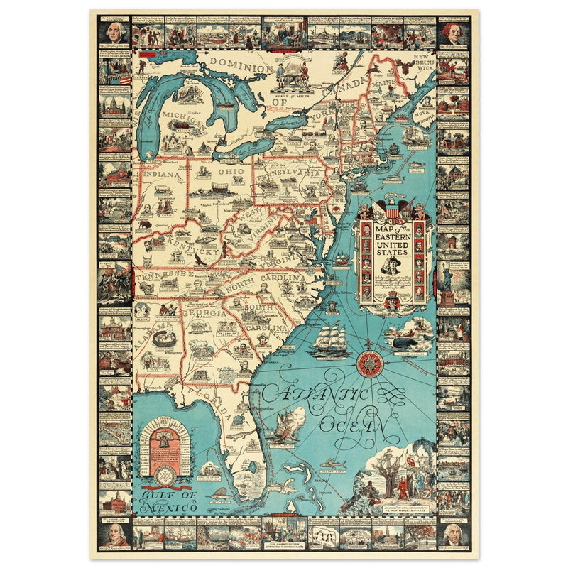 Vintage pictorical map of Map of the Eastern United States by Griswold Tyng. History of the USA.