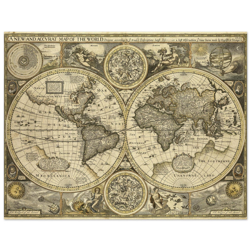 Old World map 1626. John Speed famous double hemisphere cartography with beautiful illustrations.
