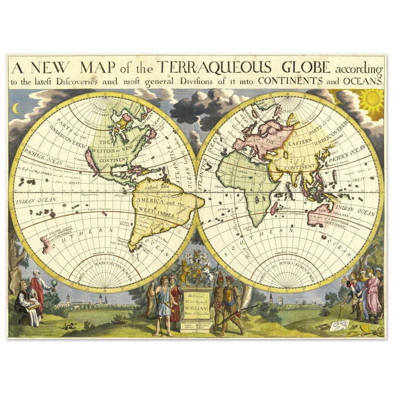 Ancient vintage world map by Edward Wells. Double hemisphere cartography.