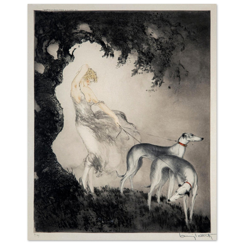 Louis Icart’s Gust of Wind (1925) Woman with her greyhound dogs.