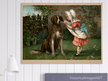 Girl in pink dress and white bonnet with dog vintage illustration poster by Knapp 1892