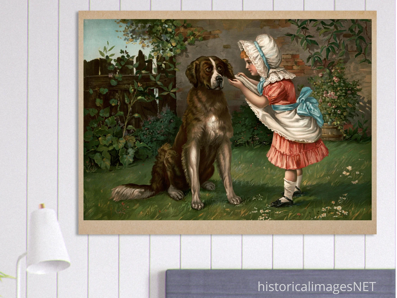 Girl in pink dress and white bonnet with dog vintage illustration poster by Knapp 1892