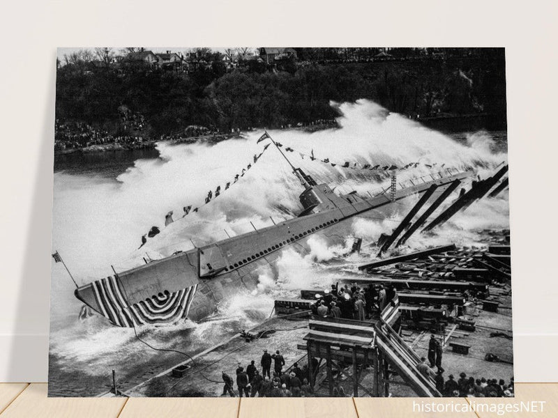 World War 2 black and white photograph. Launching of USS ROBALO warship.