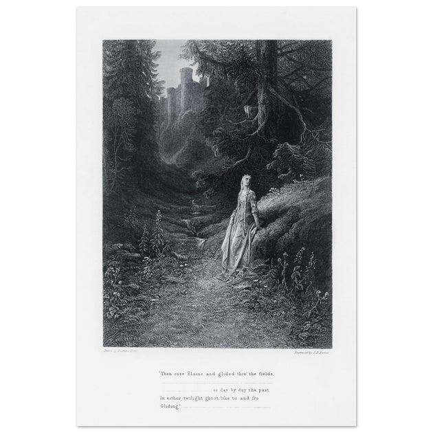 Gustave Dore illustration of King Arthur legend .Elaine on her Road to the Cave of Lancelot. book Idylls of the King by Alfred Tennyson