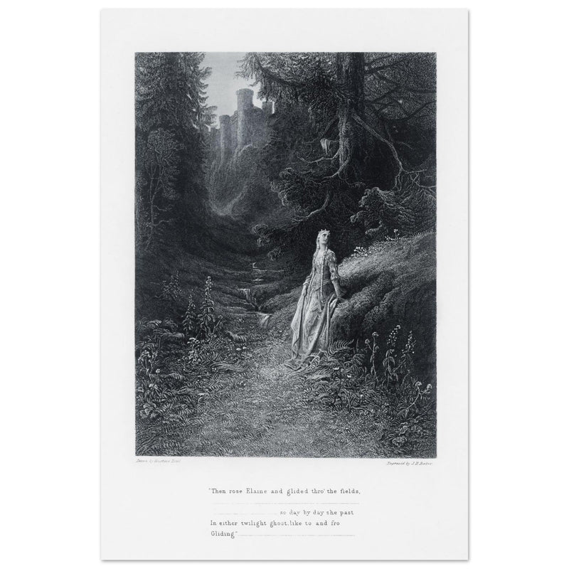 Gustave Dore illustration of King Arthur legend .Elaine on her Road to the Cave of Lancelot. book Idylls of the King by Alfred Tennyson