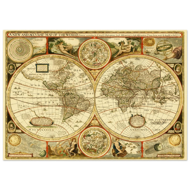 Old World Map of 1651 by John Speed. Vintage Double Hemisphere cartography of the XVII century .