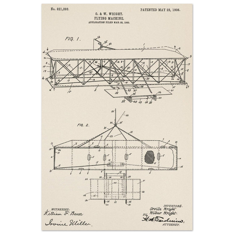Flying machine patent 1906 by the Wright brothers. Vintage airplane.