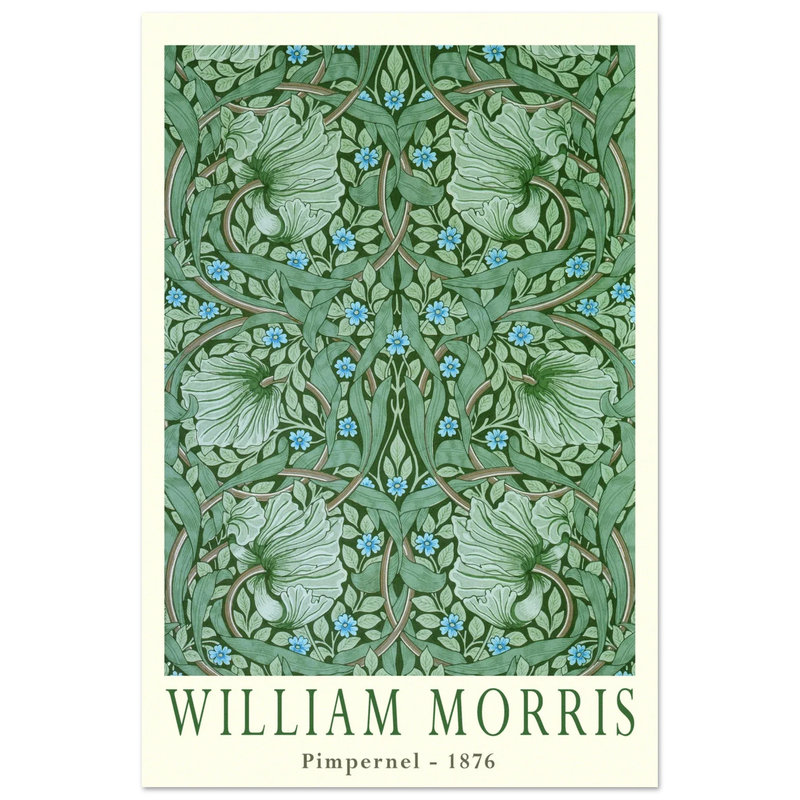 William Morris Pimpernel 1876. Green leaves and flowers wintage wallpaper art print.