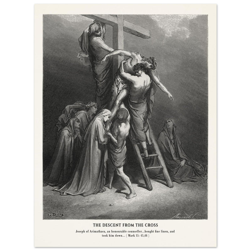 Gustave Dore The Bible engraving print . The Descent from the cross after Crucifixion illustration .
