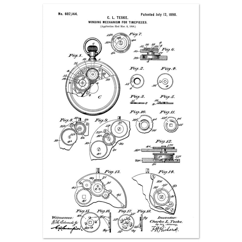 Winding Mechanism for Time Pieces, vintage clock patent .