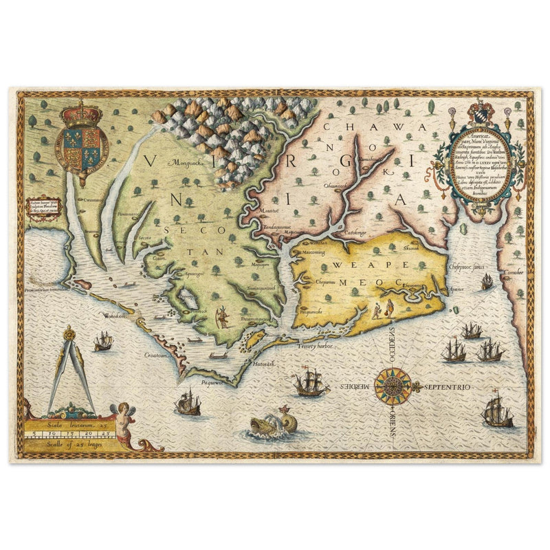 Ancient map of Virginia by Theodor de Bry XVI Century.