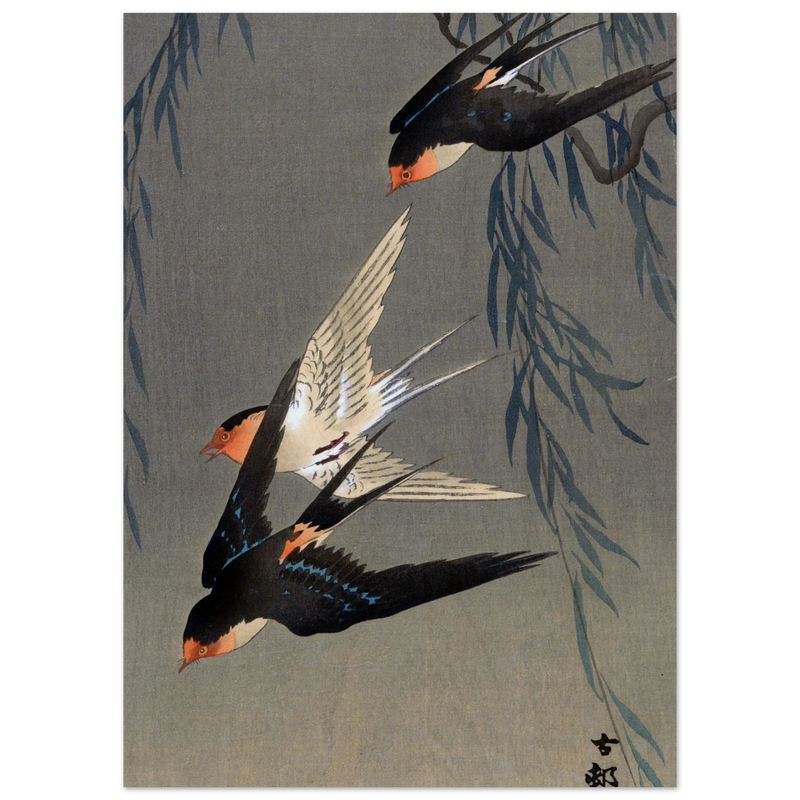Ohara Koson Three red-rumped swallows in a dive
