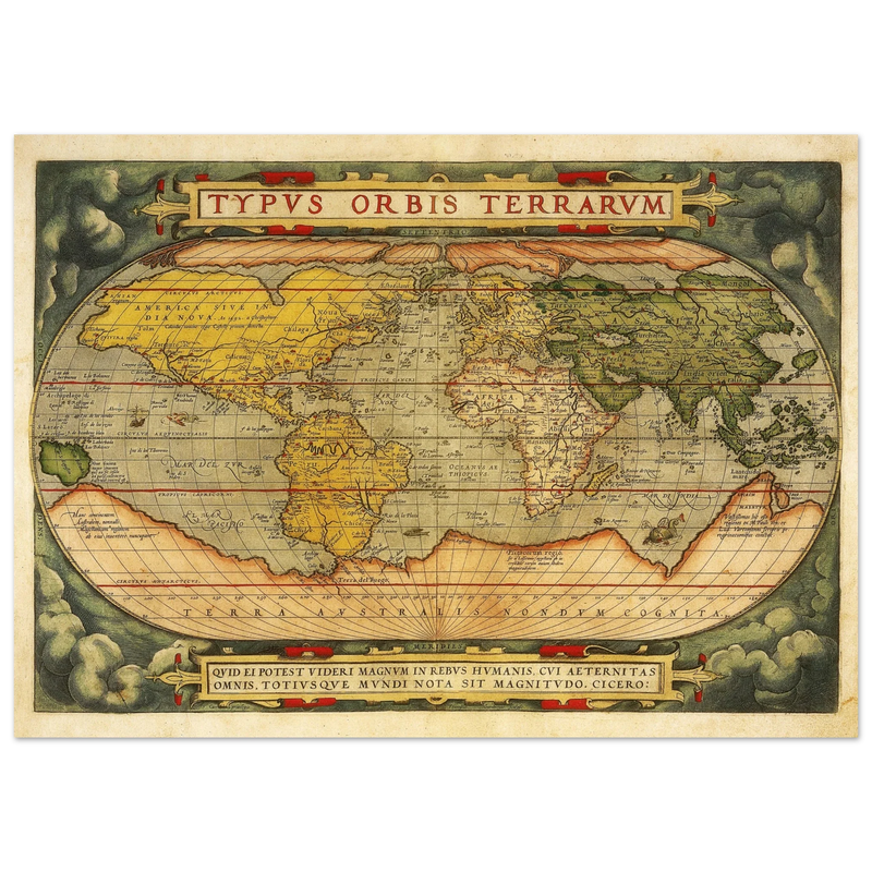 Ancient map reproduction print of a world map of 1579 Typus Orbis Terrarum by Abraham Ortelius.