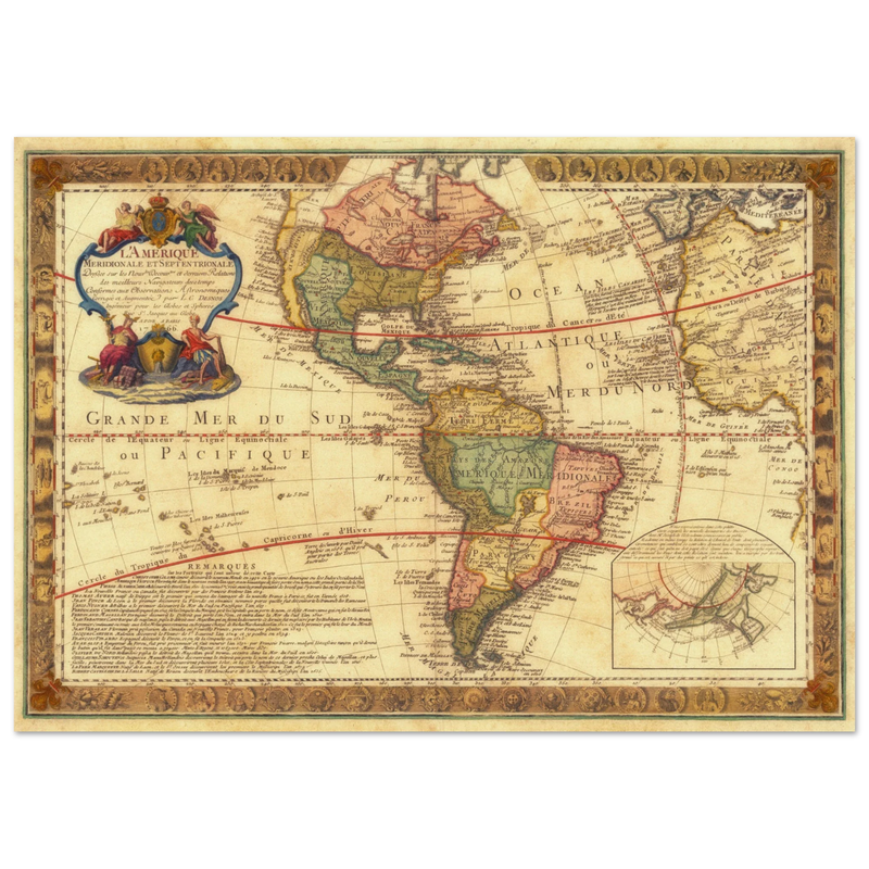 Ancient map of America. Old antique american map of the XVIII Century.  and poster
