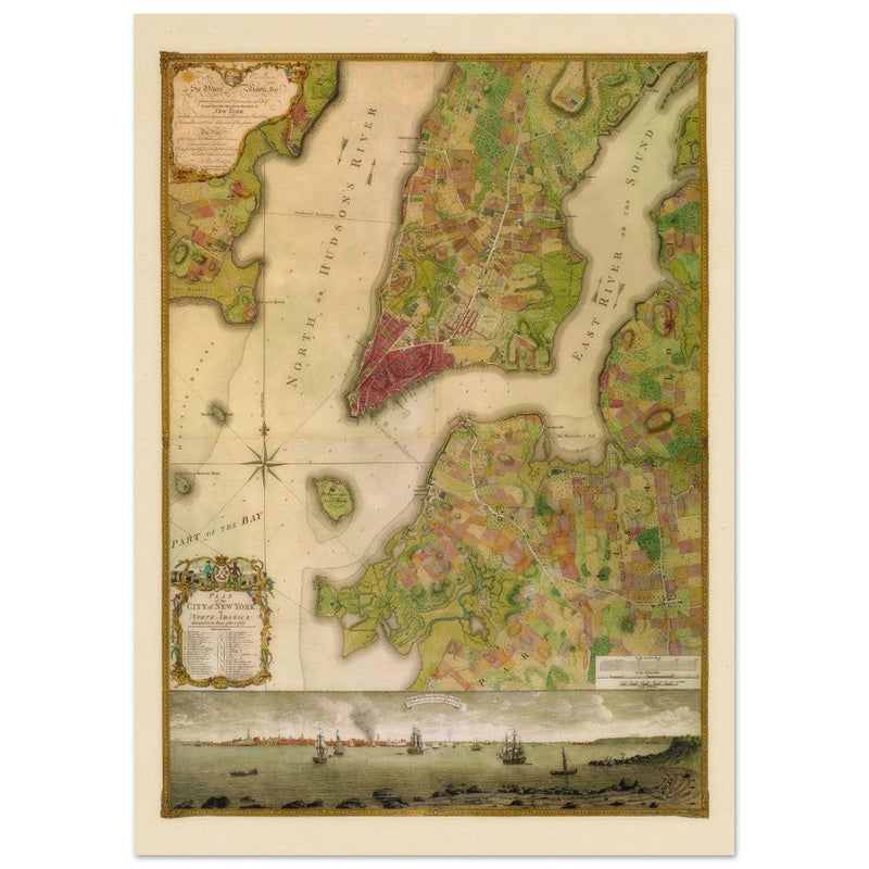 Beautiful antique old map from above of New York City 1770 by Bernad Ratzer