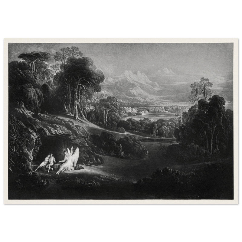 John Martin Paradise Lost vintage mezzoting engraving . Raphael Conversing with Adam and Eve .