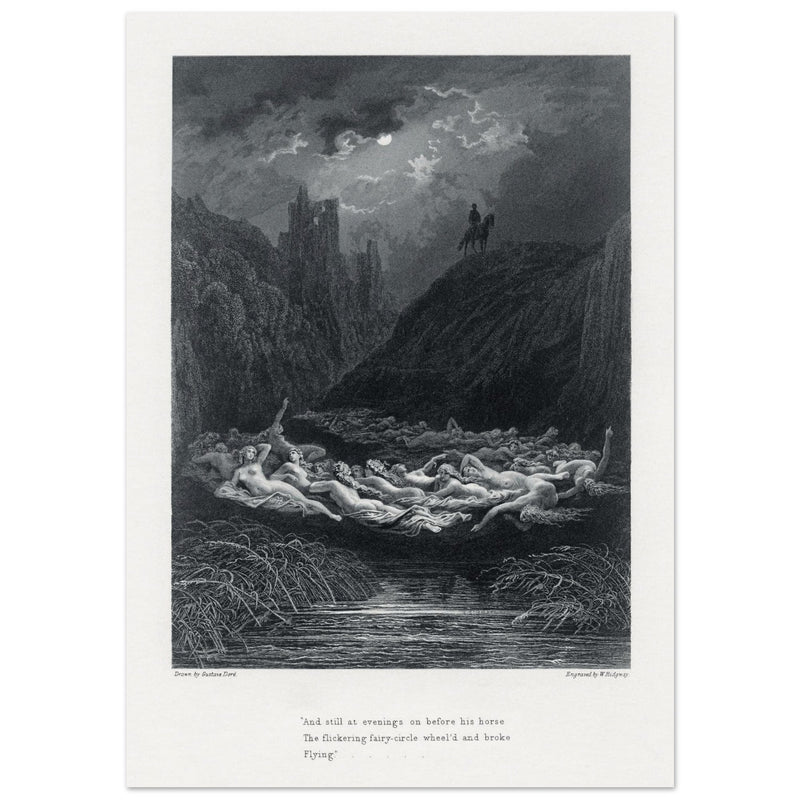 Gustave Dore illustration of King Arthur legend . The Fairy Circle. From the book Idylls of the King by Alfred Tennyson.