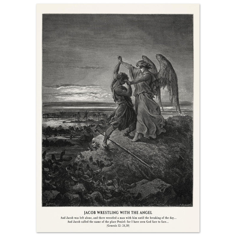 Gustave Dore The Bible engraving print . Jacob wrestling with the angel .