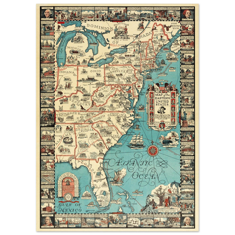 Vintage pictorical map of Map of the Eastern United States by Griswold Tyng. History of the USA.