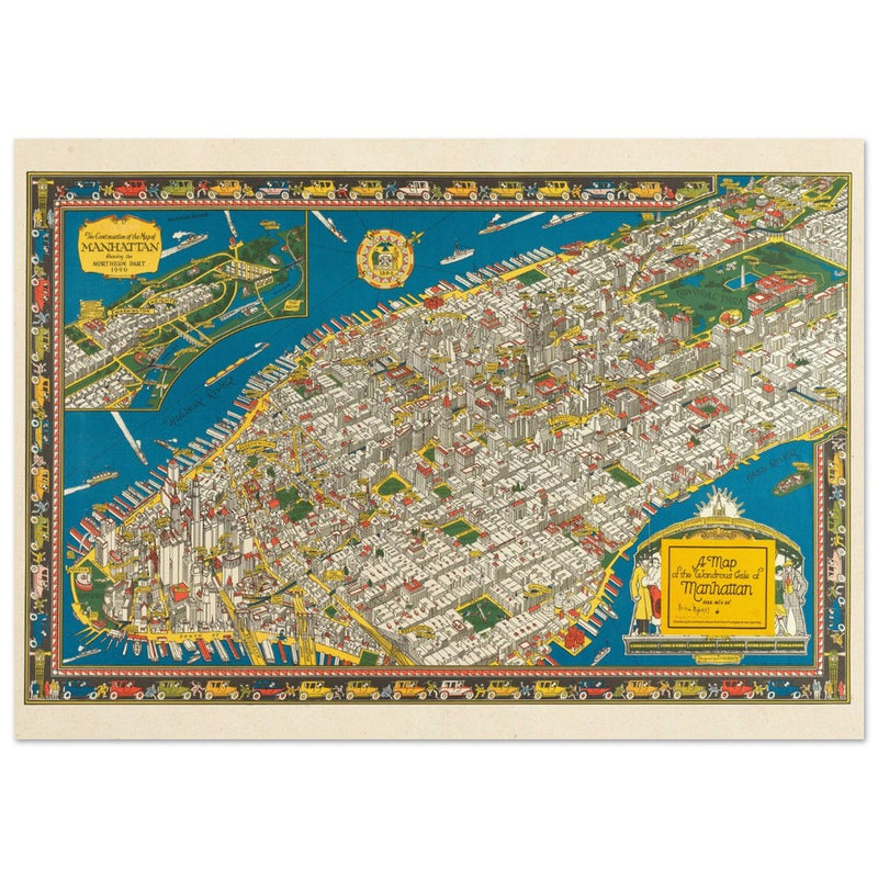 Old map of Manhattan New York City. Antique map reproduction of Manhattan of the 20's