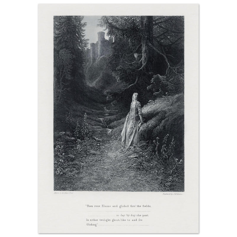 Gustave Dore illustration of King Arthur legend .Elaine on her Road to the Cave of Lancelot. book Idylls of the King by Alfred Tennyson
