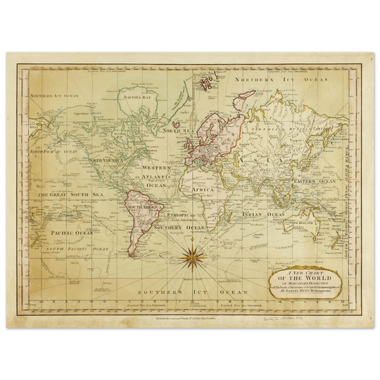 Ancient vintage world map Mercator's projection by Samuel Dumm 1794