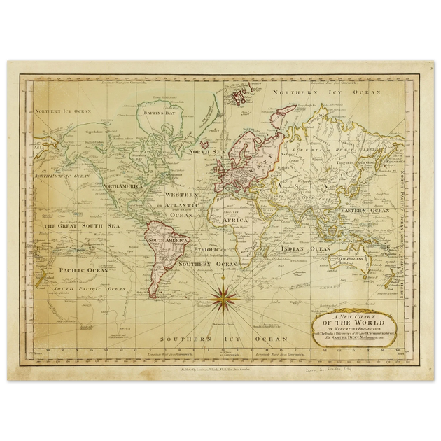 Ancient vintage world map Mercator's projection by Samuel Dumm 1794