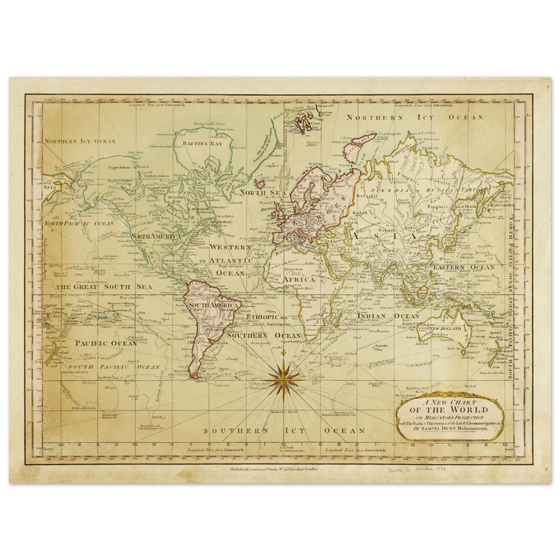 Ancient vintage world map Mercator's projection by Samuel Dumm 1794