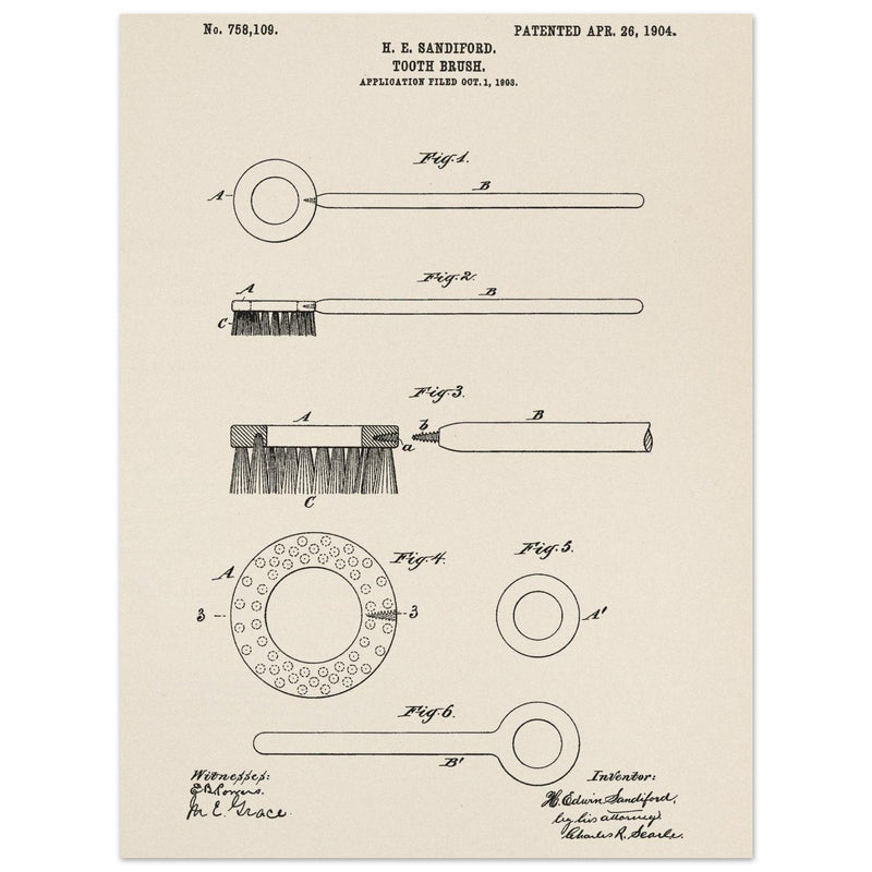 Toothbrush patent illustration by H E Sandiford.