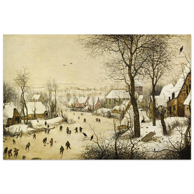 Winter Landscape with Skaters and Birds Trap painting by pieter Bruegel The Elder.