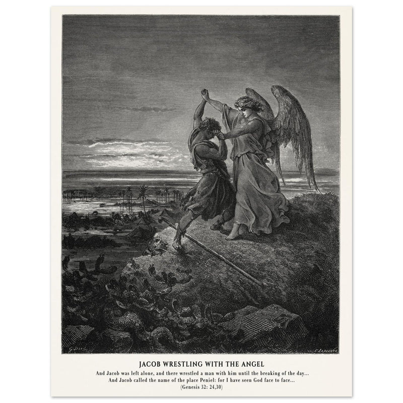 Gustave Dore The Bible engraving print . Jacob wrestling with the angel .