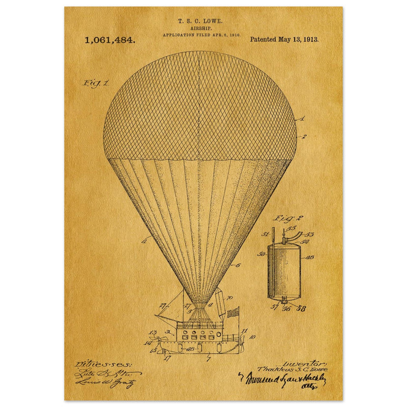 Airship patent drawing by T S C lowe Air balloon illustration