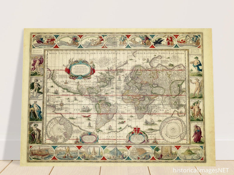 Ancient old world map 1638. Noua totius terrarum orbis geographica ac hydrographica tabula by Willem Janszoon Blaeu