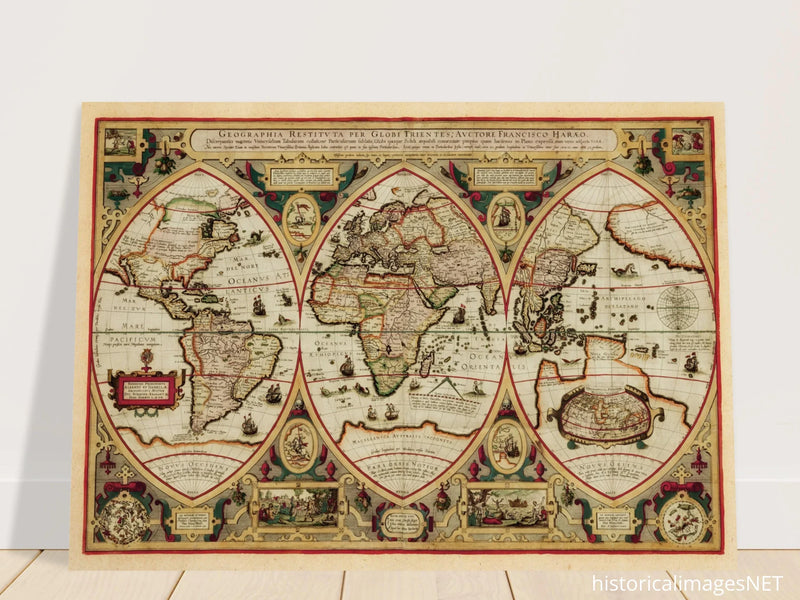 Ancient old world map of 1618. Geographica restituta per globi trientes by Franciscus Haraeus