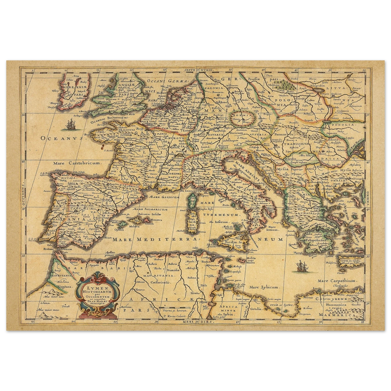 Ancient Europe map print from 1650. Lumen Historiarum per Occidentem by Petrus Kaerius
