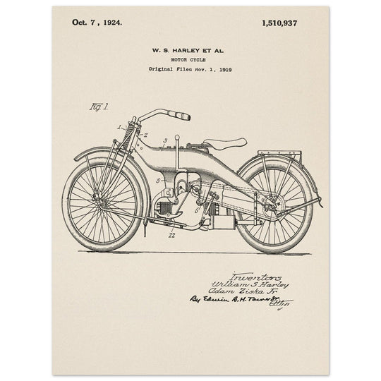 Vintage motorcycle patent by William S Harley founder of harley davidson.