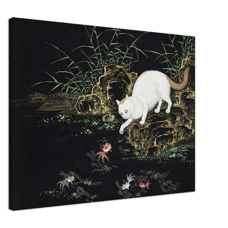 Cats amd fishes in pond. Oriental old painting by Shen Zhenlin.